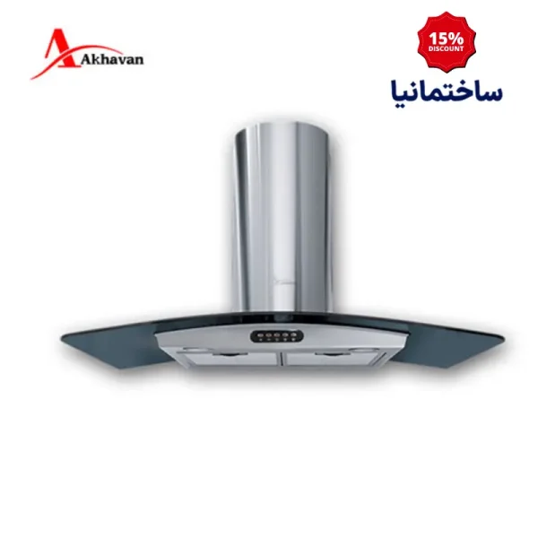 هود شومینه‌ای اخوان مدل H1-G | ترکیب شیشه دودی و استیل با مکش بالا