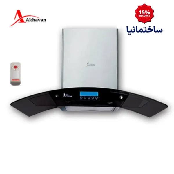 هود شومینه‌ای اخوان مدل H27-4S | طراحی شیشه‌ای مشکی با عملکرد قدرتمند و کنترل هوشمند