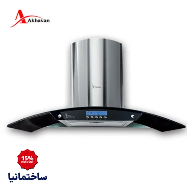هود شومینه‌ای اخوان مدل H11-G | طراحی شیشه دودی و استیل با عملکرد کم‌صدا و مکش قوی