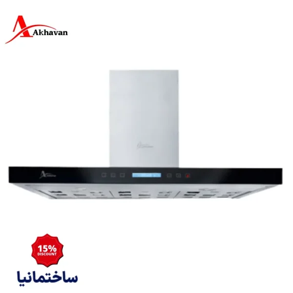 هود شومینه‌ای اخوان مدل H49-TS | ترکیب استیل مشکی و شیشه با موتور توربو و پنل لمسی